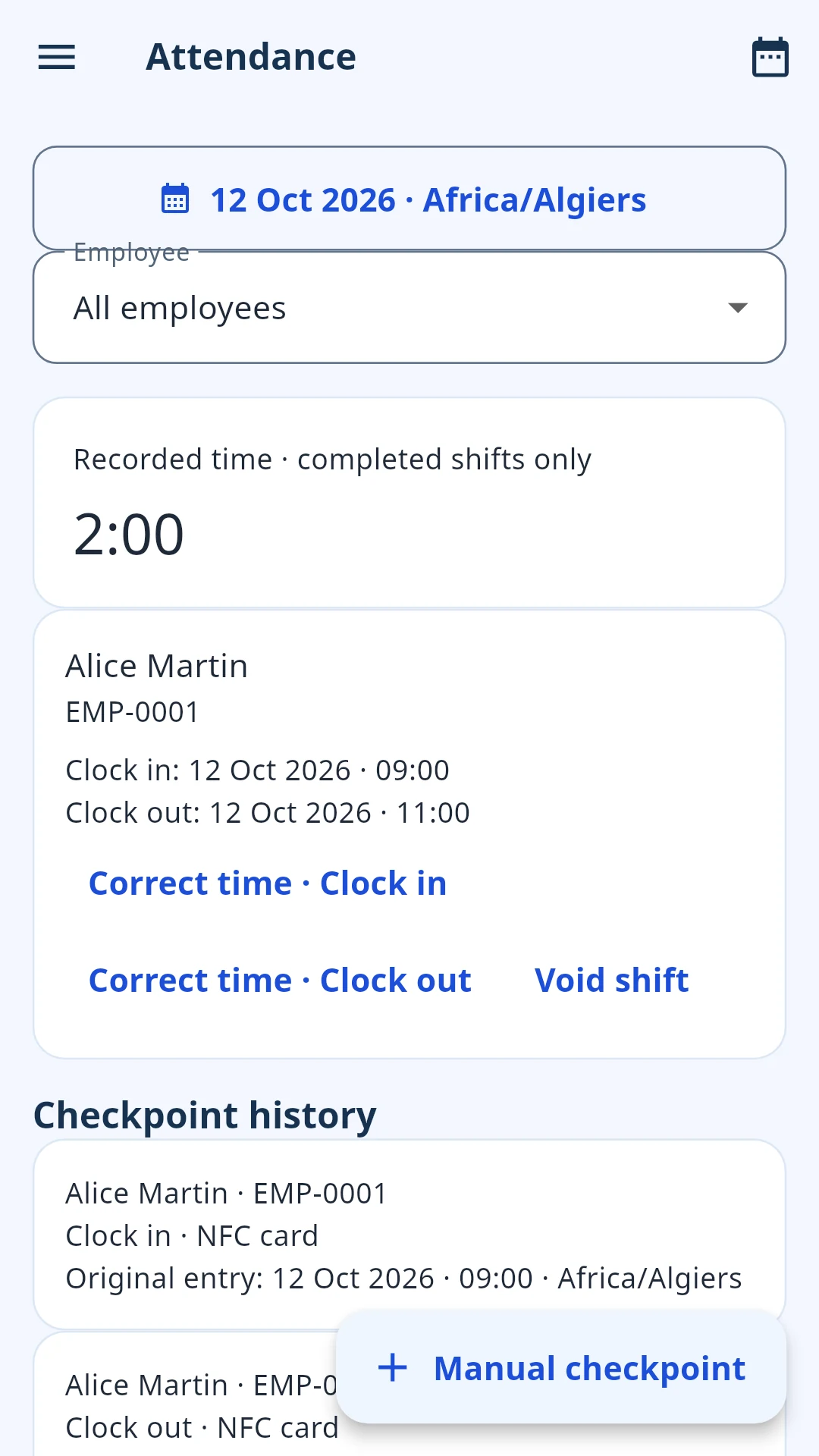 Staffly attendance screen